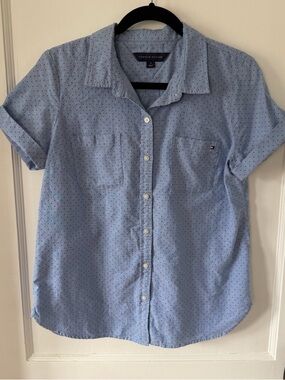 Tommy Hilfiger Light Blue Shirt with Navy Polka Dots and Flag Logo